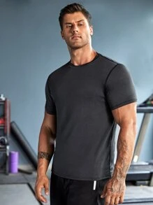 Manfinity Fitness Men Topstitching Crew Neck Sports Tee - Black - View 3