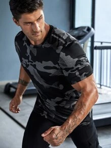 Manfinity Athleisure Men Camo Print Sports Tee Workout Tops Basic T Shirt - Black - View 1