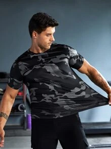 Manfinity Athleisure Men Camo Print Sports Tee Workout Tops Basic T Shirt - Black - View 3
