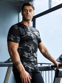 Manfinity Athleisure Men Camo Print Sports Tee Workout Tops Basic T Shirt - Black - View 5