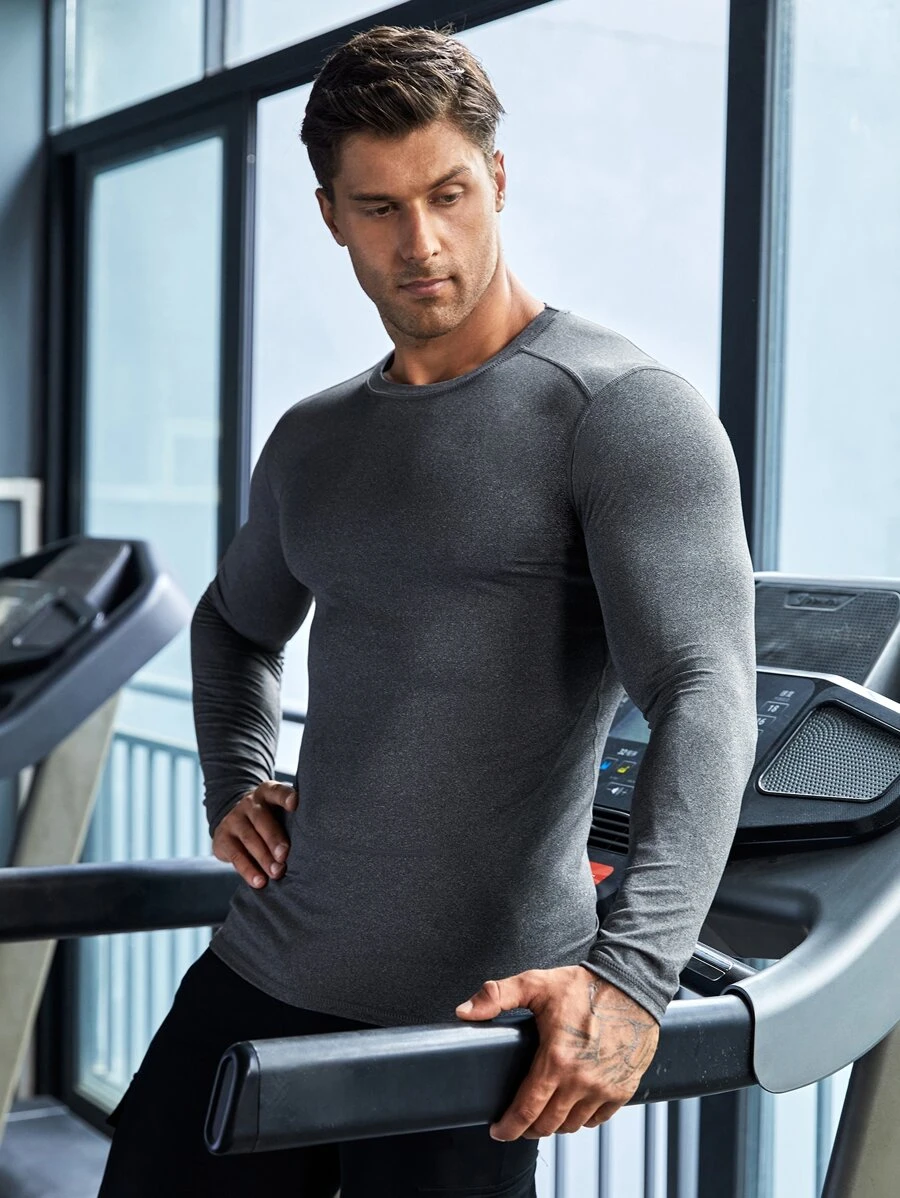 Fitness Hombres Camiseta deportiva unicolor de cuello redondo - Gris - Ver 1