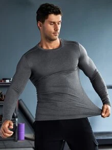 Fitness Hombres Camiseta deportiva unicolor de cuello redondo - Gris - Ver 3