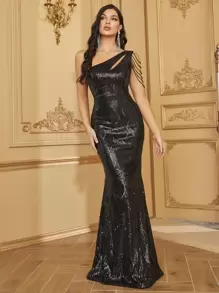 YISIKADO One Shoulder Cut Out Chain Detail Floor Length Sequins Prom Dress - Black - View 1
