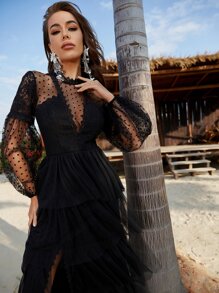 YISIKADO 黑色灯笼袖花边提花网纱拼接正式礼服，优雅长袖舞会晚礼服，适合婚礼宾客、毕业典礼、晚宴、派对、情人节等场合。 - 黑色 - 查看 3