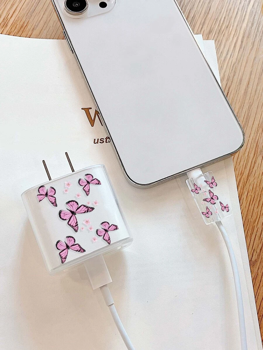 1入組蝴蝶圖案充電頭套和1入組數據綫保護頭 - 無色 - 查看 1