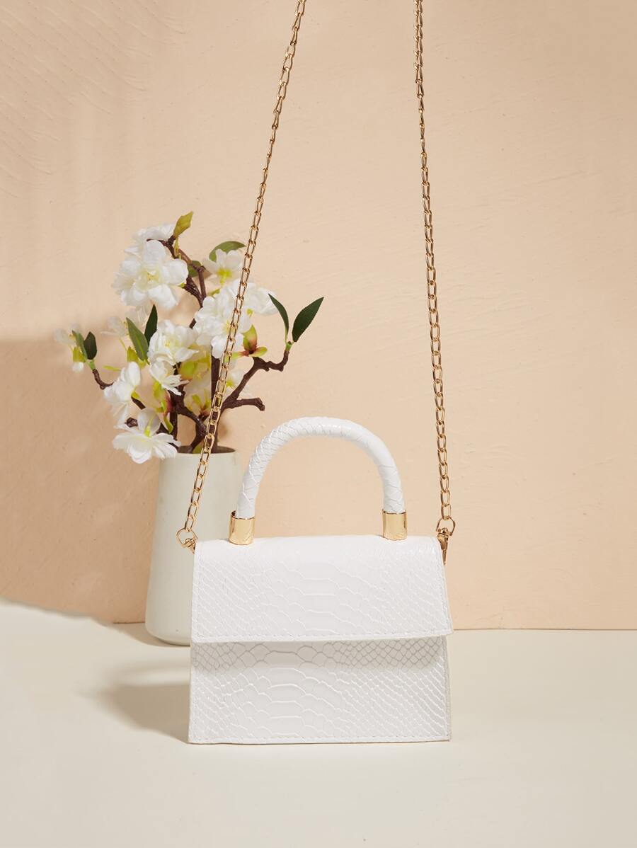 防水、輕盈、商務休閒迷你蛇皮壓花翻蓋鏈方形包適合青少年女大學生、菜鳥和白領，非常適合辦公室、大學、工作、商務、通勤 - 白色 - 查看 1