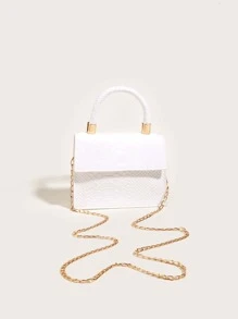 防水、輕盈、商務休閒迷你蛇皮壓花翻蓋鏈方形包適合青少年女大學生、菜鳥和白領，非常適合辦公室、大學、工作、商務、通勤 - 白色 - 查看 3