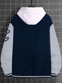 Aesthetic Post 寬鬆版型男士字母圖形保暖夾克（不帶連帽）,彩塊設計,內裡加厚保暖 - 藏蓝色 - 查看 2