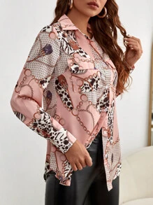 SHEIN Clasi 錬條圖案翻蓋口袋襯衫 - 粉色 - 查看 5