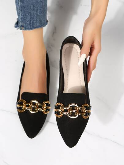 Zapatos planos con punta fina de moda, tallas del 35 al 45, zapatos planos de punta fina para mujer, nuevos mocasines de trabajo o conducir con cadena metálica decorativa, suela suave