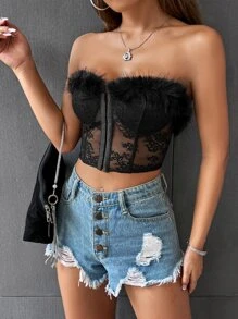 SHEIN Allurite Top bandeau ribete lanudo con encaje - Negro - Ver 2