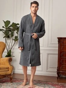 Hombres Bata con cinturón floral jacquard - Gris Oscuro - Ver 1