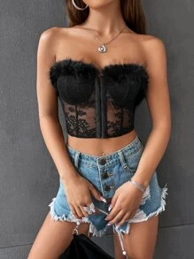 SHEIN Allurite Top bandeau ribete lanudo con encaje - Negro - Ver 6