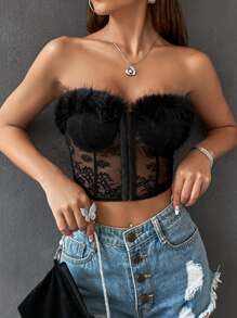 SHEIN Allurite Top bandeau ribete lanudo con encaje - Negro - Ver 1