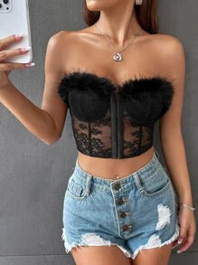 SHEIN Allurite Top bandeau ribete lanudo con encaje - Negro - Ver 4