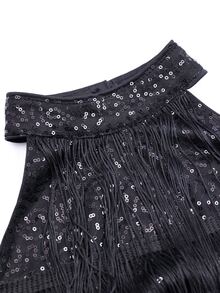 D&M Contrast Sequin Layered Fringe Trim Backless Halter Prom Party Dress - Black - View 3