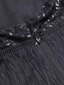 D&M Contrast Sequin Layered Fringe Trim Backless Halter Prom Party Dress - Black - View 4