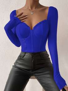 SHEIN Allurite Sweetheart Neckline Frill Bustier Mesh Bodysuit - Royal Blue - View 3