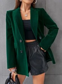 SHEIN Privé Flap Detail Double Breasted Velvet Blazer - Green - View 1