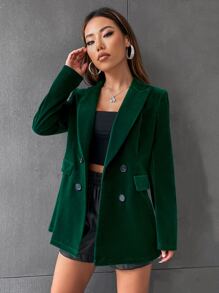 SHEIN Privé Flap Detail Double Breasted Velvet Blazer - Green - View 4