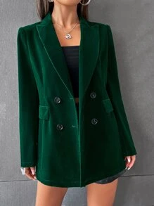 SHEIN Privé Flap Detail Double Breasted Velvet Blazer - Green - View 5