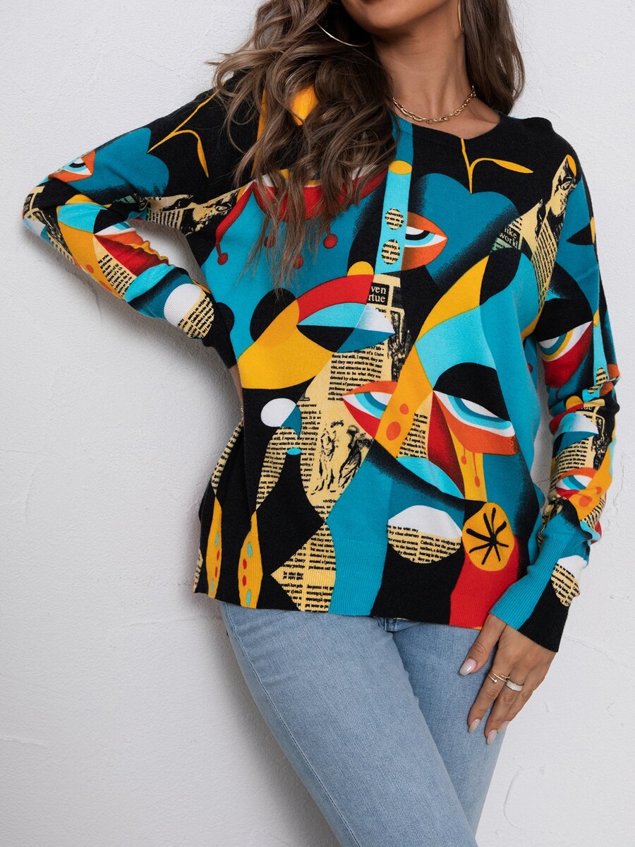 AAmilife Figure & Slogan Graphic Drop Shoulder Jumper - Multicolor - View 1