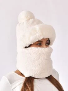 Pom Pom Decor Fuzzy Hat - White - View 3