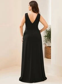 EVER-PRETTY Plus Surplice Neck Split Thigh Glitter Dress