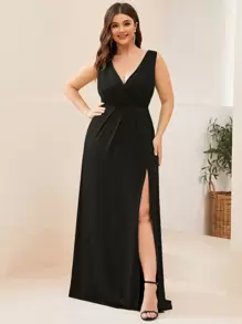 EVER-PRETTY Plus Surplice Neck Split Thigh Glitter Dress