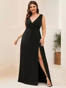 EVER-PRETTY Plus Surplice Neck Split Thigh Glitter Dress