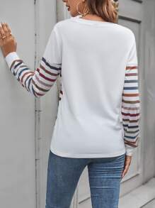 SHEIN LUNE Áo thun nữ Nút phía trước Sọc Giải trí - trắng - Xem 2