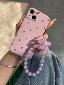 Funda de teléfono con estampado de corazón y colgante de teléfono con cuentas para el Día de San Valentín, resistente al agua, a los golpes, a las caídas y a los arañazos - Morado - Ver 2