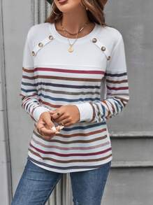 SHEIN LUNE Áo thun nữ Nút phía trước Sọc Giải trí - trắng - Xem 3