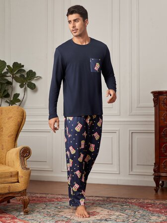 Guys 1pc Popcorn & Letter Graphic Sleep Top & 1pc Sleep Pants
