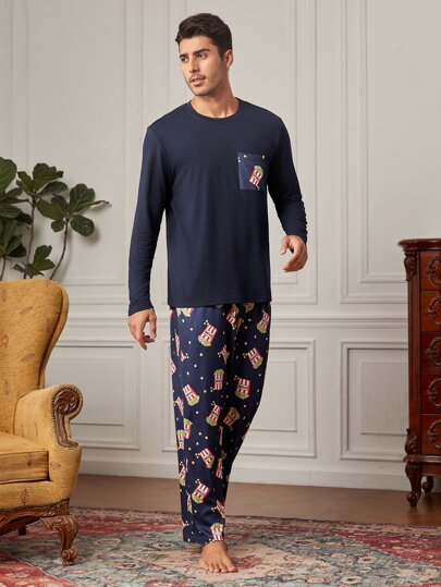 Guys 1pc Popcorn & Letter Graphic Sleep Top & 1pc Sleep Pants
