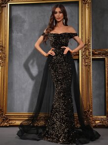 Off Shoulder Mesh Panel Sequin Prom Dress - Gold - View 1