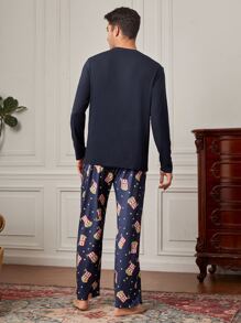 男士爆米花和字母圖案睡衣套裝 - 藏蓝色 - 查看 2