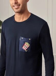 男士爆米花和字母圖案睡衣套裝 - 藏蓝色 - 查看 3