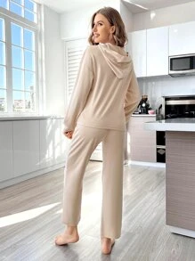 Drop Shoulder Hoodie & Trousers Lounge Set - Apricot - View 2