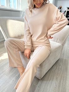 Drop Shoulder Hoodie & Trousers Lounge Set - Apricot - View 3