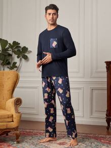 男士爆米花和字母圖案睡衣套裝 - 藏蓝色 - 查看 4
