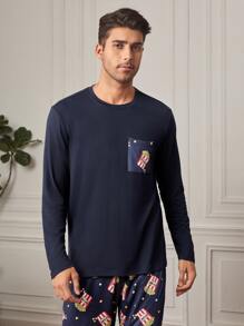 男士爆米花和字母圖案睡衣套裝 - 藏蓝色 - 查看 5