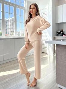 Drop Shoulder Hoodie & Trousers Lounge Set - Apricot - View 1