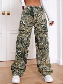 滿版印花翻蓋口袋工裝牛仔褲