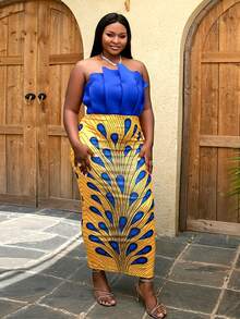 Plus Peacock Print Pleated Backless Tube Dress - Multicolor - View 6