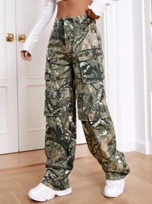 滿版印花翻蓋口袋工裝牛仔褲