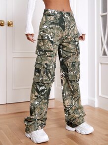 滿版印花翻蓋口袋工裝牛仔褲