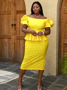 Plus Off Shoulder Butterfly Sleeve Lace Peplum Split Back Dress - Yellow - View 3