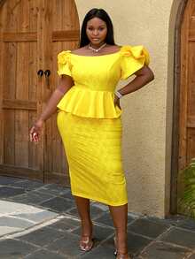 Plus Off Shoulder Butterfly Sleeve Lace Peplum Split Back Dress - Yellow - View 6