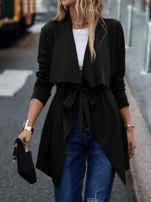 SHEIN LUNE Waterfall Collar Belted Coat - Black - View 1